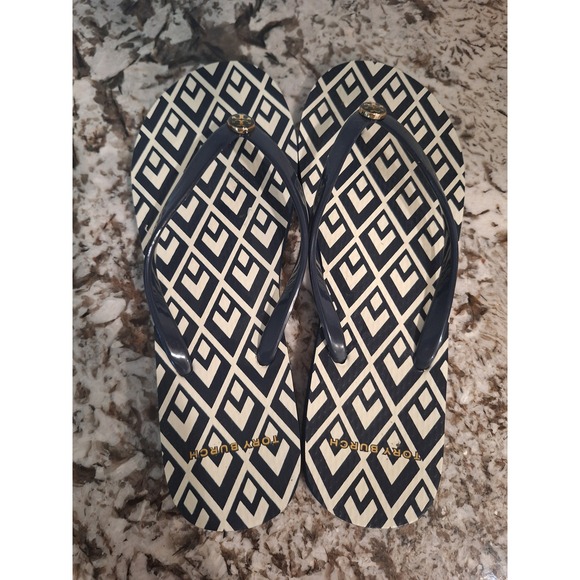 TORY BURCH BLUE & WHITE GOLD LOGO FLIP FLOPS SIZE 8 - Picture 4 of 9